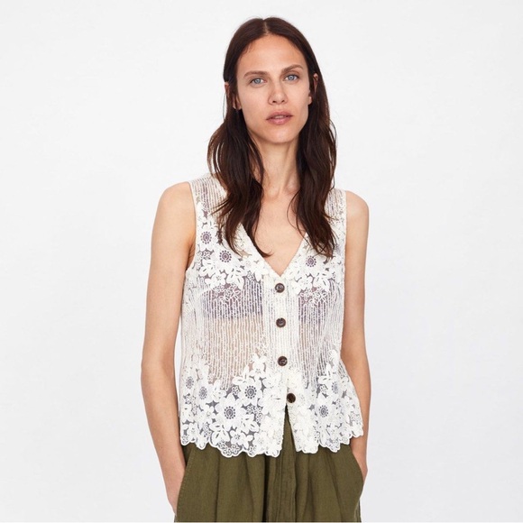 Zara Jackets & Blazers - Zara Ivory Linen Blend Floral Crochet Button Front Vest